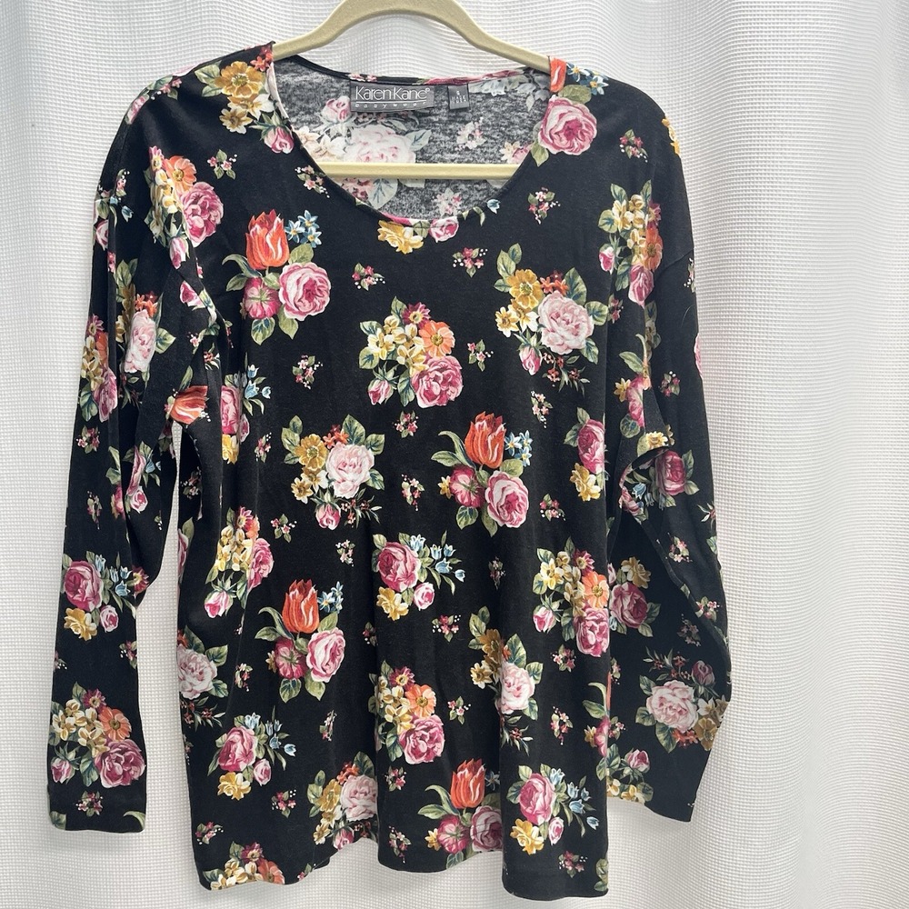 Karen Kane Women's Black Floral Cottagecore T shirt Small Grandma Core Vtg USA